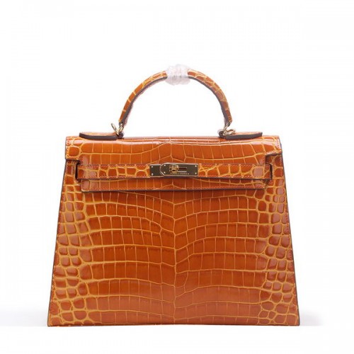 Hermes Kelly 32cm Umhängetasche Weizen Kroko Lackleder K32 Gold