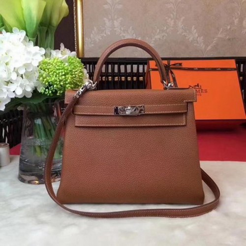 Hermes Kelly 32cm Umhängetasche Weizen TOGO Leder KY32 Silber
