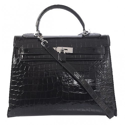 Hermes Kelly 32cm Umhängetaschen schwarz schillerndes Krokoleder silber