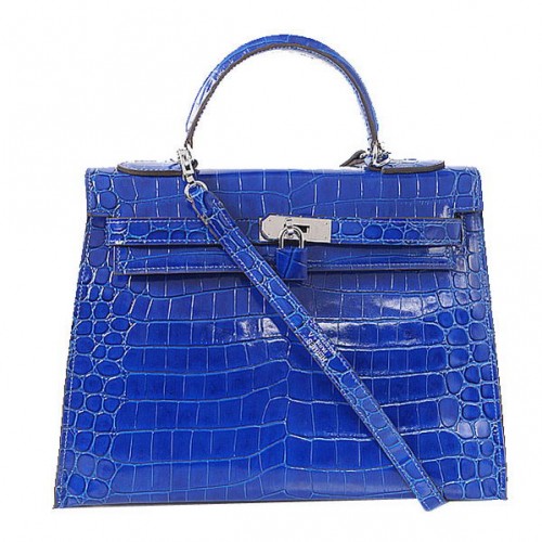 Hermes Kelly 32cm Umhängetaschen Blau schillerndes Krokoleder Gold