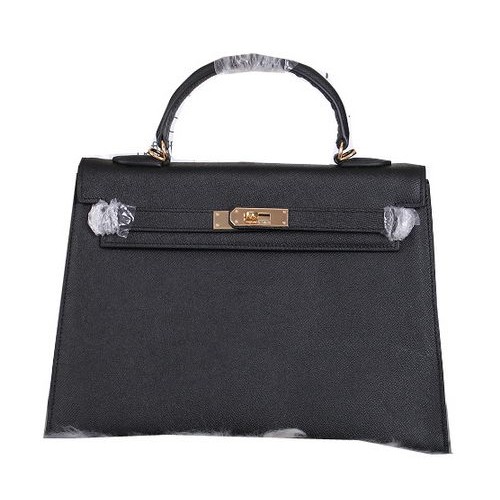 Hermes Kelly 32cm Schultertasche genarbtes Leder schwarz