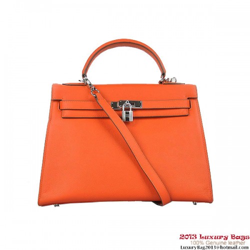 Hermes Kelly 32cm Schultertasche H6108 Orange Leder Silber