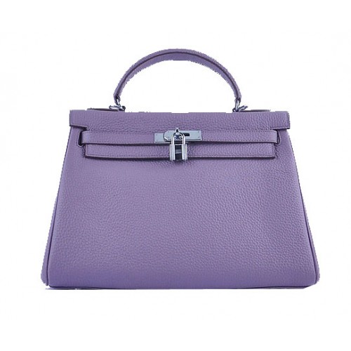 Hermes Kelly 32cm Schultertasche Lavendel genarbtes Leder Silber