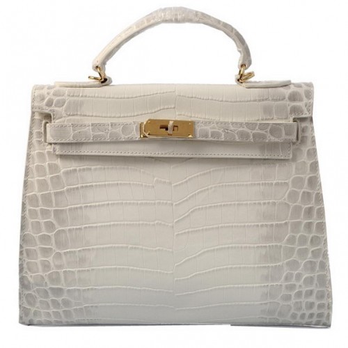 Hermes Kelly 32cm Umhängetaschen OFFWhite Krokoleder Gold