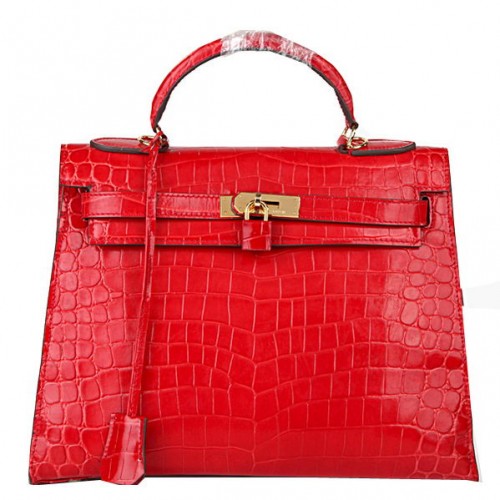 Hermes Kelly 32cm Umhängetaschen Rot schillerndes Krokoleder Gold