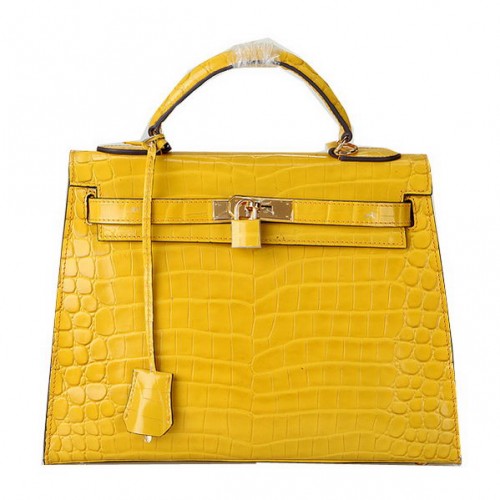 Hermes Kelly 32cm Umhängetaschen Gelb schillerndes Krokoleder Gold