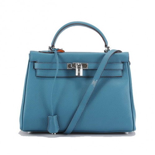 Hermes Kelly 32cm Togo Lederhandtaschen 6018 Blau Silber