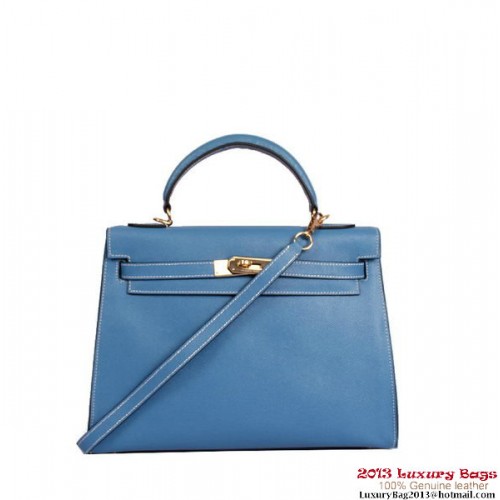 Hermes Kelly 32cm Henkeltasche Blau Togo Leder Gold