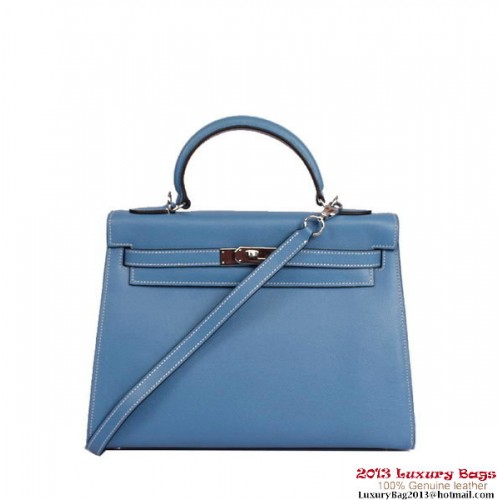 Hermes Kelly 32cm Top Handle Tasche Blau Togo Leder Silber