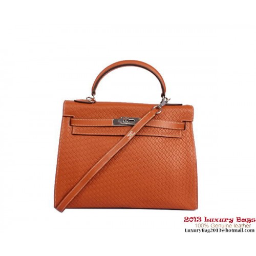 Hermes Kelly 32cm Top Handle Bag Kamel gewebtes Leder Silber