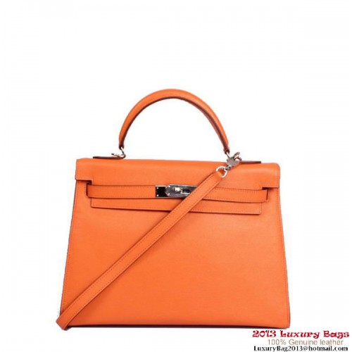 Hermes Kelly 32cm Top Handle Bag Orange Togo Leder Silber