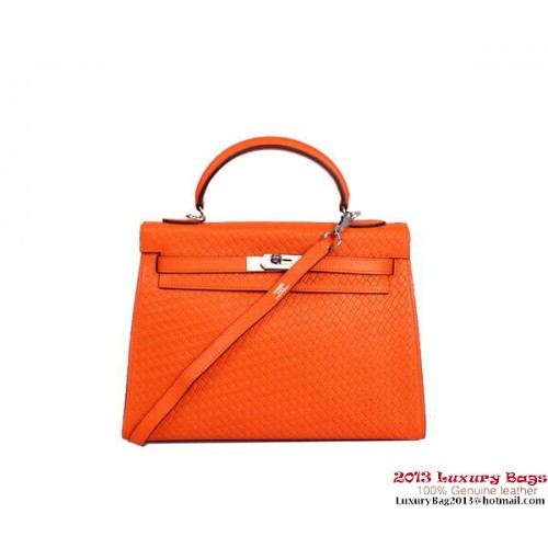 Hermes Kelly 32cm Top Handle Bag Orange Gewebtes Leder Silber