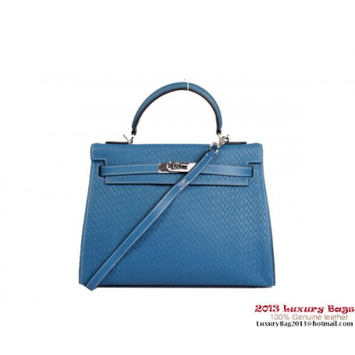 Hermes Kelly 32cm Top Handle Tasche Königsblau Gewebtes Leder Silber