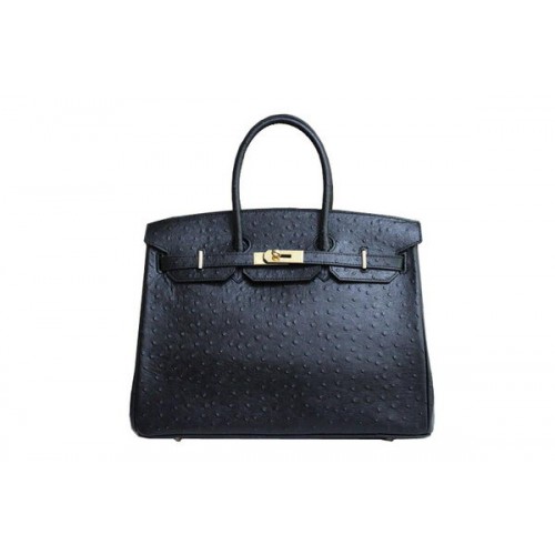 Hermes Kelly 35cm Top Handle Bag Schwarz Straußenleder Gold