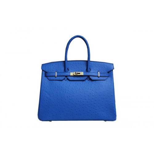 Hermes Kelly 35cm Top Handle Bag Blau Straußenleder Gold