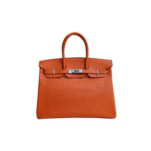 Hermes Kelly 35cm Top Handle Bag Orange Straußenleder Silber