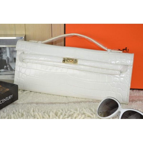 Hermes Kelly Clutch Bag Krokoleder K31 Weiß