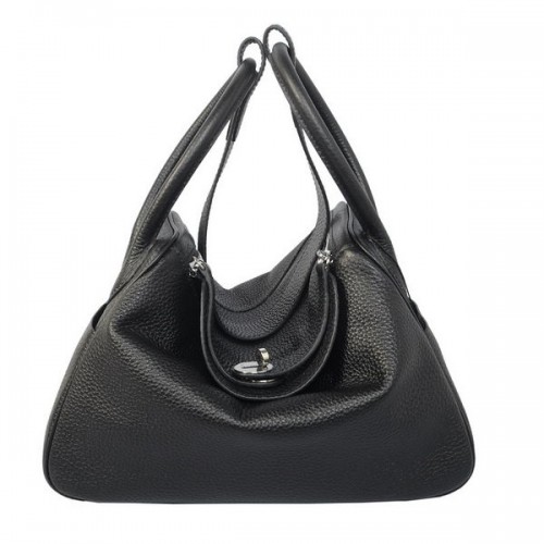 Hermes Lindy 30CM Schwarze Havanne Umhängetasche aus genarbtem Leder