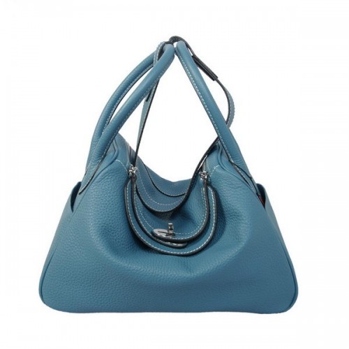 Hermes Lindy 30CM blaue Havanne-Umhängetasche aus genarbtem Leder