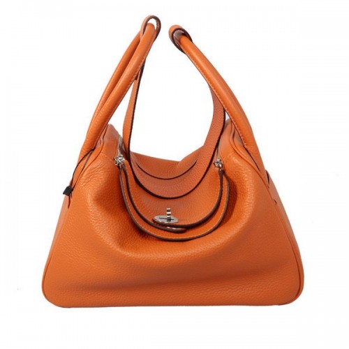 Hermes Lindy 30CM orangefarbenes genarbtes Leder Havanne Umhängetasche