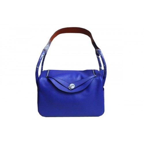 Hermes Lindy 34CM Umhängetasche aus blauem genarbtem Leder