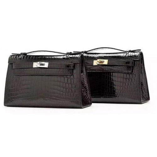 Hermes MINI Kelly 22cm Kupplung Krokoleder KL22 Schwarz