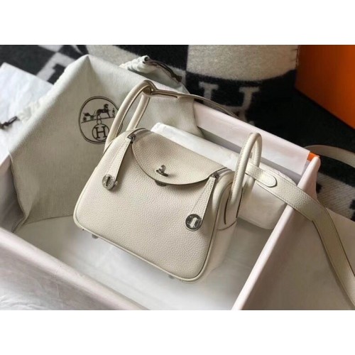 Hermes Mini Lindy Original Togo Ledertasche LD19 Weiß & Silberfarbenes Metall