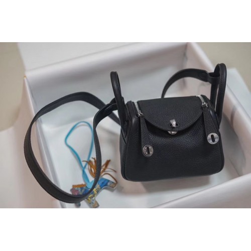 Hermes Mini Lindy Togo Ledertasche LD19 schwarz & silberfarbenes Metall