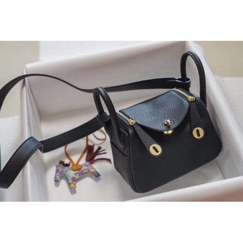 Hermes Mini Lindy Togo Ledertasche LD19 schwarz-goldfarbenes Metall