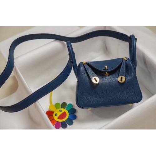 Hermes Mini Lindy Togo Ledertasche LD19 blau-goldfarbenes Metall
