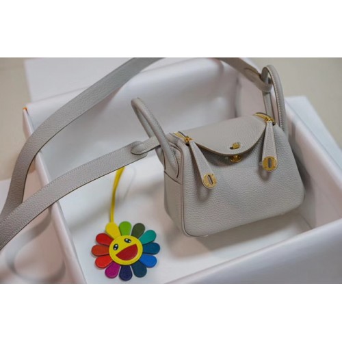 Hermes Mini Lindy Togo Ledertasche LD19 grau-goldfarbenes Metall