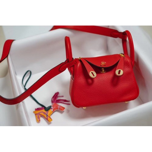 Hermes Mini Lindy Togo Ledertasche LD19 rot-goldfarbenes Metall