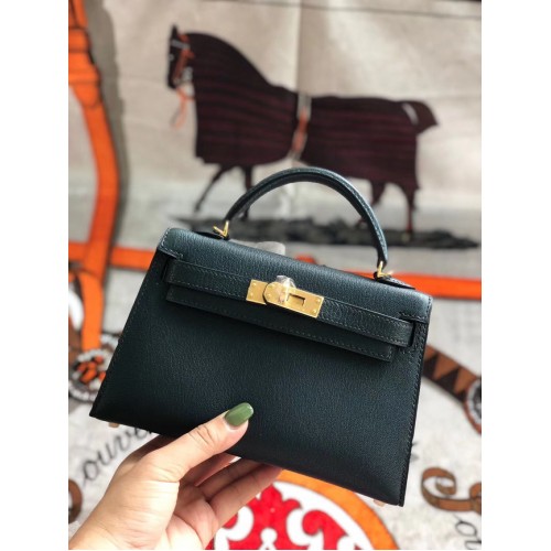 Hermes Original Mini Kelly Chevre Mysore K19CM Schwarzgrün & Goldmetall