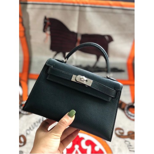 Hermes Original Mini Kelly Chevre Mysore K19CM Schwarzgrün & Silber Metall