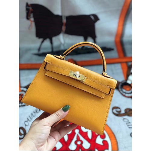 Hermes Original Mini Kelly Chevre Mysore K19CM Mango Gelb & Gold Metall