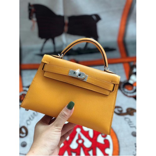 Hermes Original Mini Kelly Chevre Mysore K19CM Mangogelb & Silber Metall