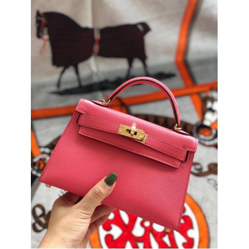 Hermes Original Mini Kelly Chevre Mysore K19CM Wassermelone Rot & Gold Metall