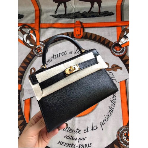 Hermes Original Mini Kelly Chevre Mysore K19CM Schwarz & Gold Metall