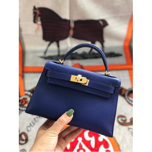 Hermes Original Mini Kelly Chevre Mysore K19CM Blau & Gold Metall