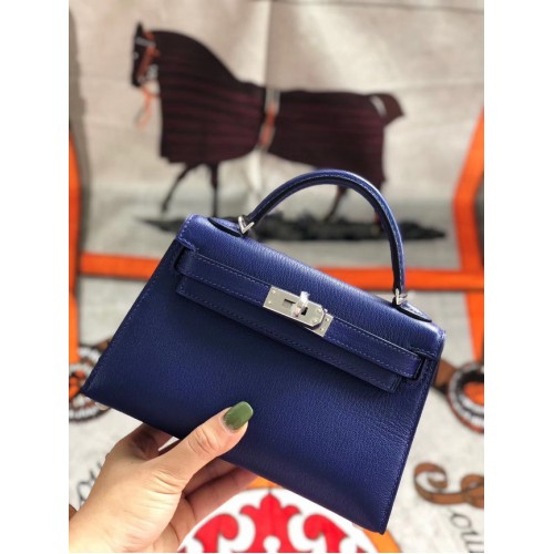 Hermes Original Mini Kelly Chevre Mysore K19CM Blau & Silber Metall