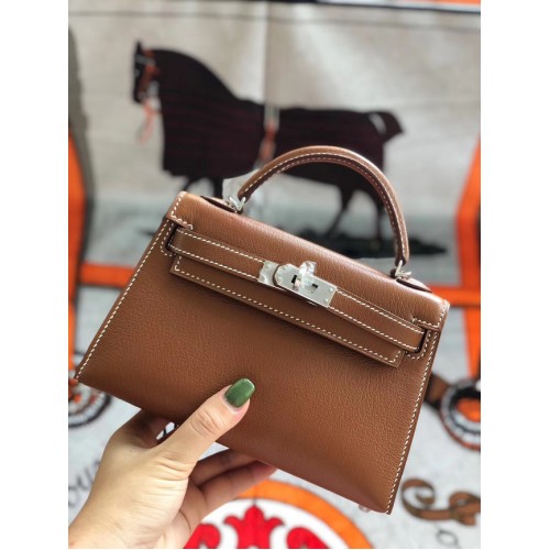 Hermes Original Mini Kelly Chevre Mysore K19CM Braun & Silber Metall