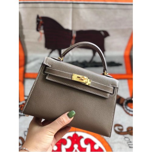 Hermes Original Mini Kelly Chevre Mysore K19CM Grau & Gold Metall