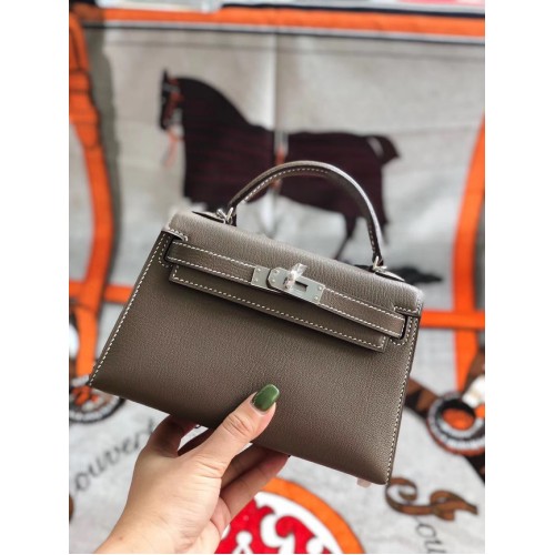 Hermes Original Mini Kelly Chevre Mysore K19CM Grau&Silber Metall