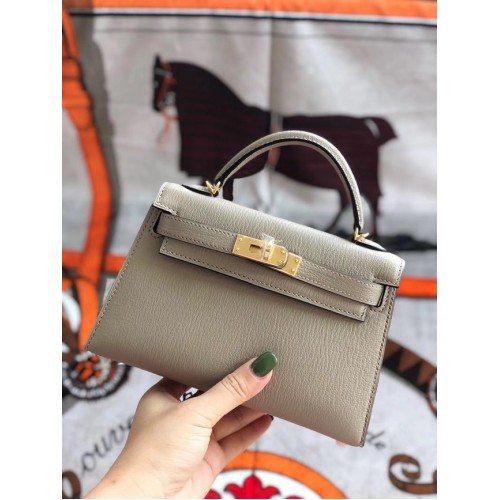 Hermes Original Mini Kelly Chevre Mysore K19CM Hellgrau & Gold Metall