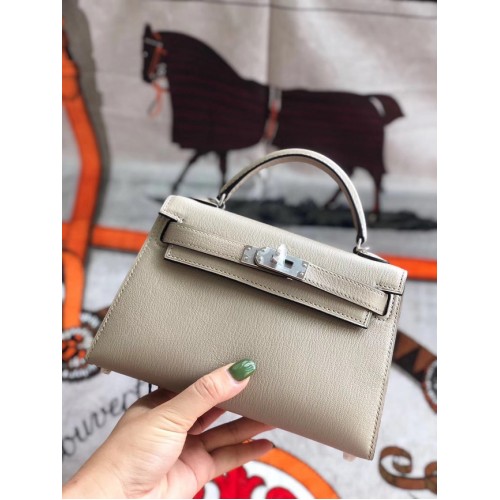 Hermes Original Mini Kelly Chevre Mysore K19CM Hellgrau & Silber Metall