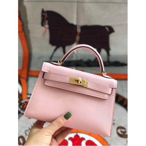 Hermes Original Mini Kelly Chevre Mysore K19CM Pink & Gold Metal