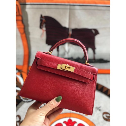 Hermes Original Mini Kelly Chevre Mysore K19CM Rot & Gold Metall