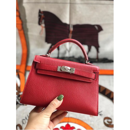 Hermes Original Mini Kelly Chevre Mysore K19CM Rot & Silber Metall