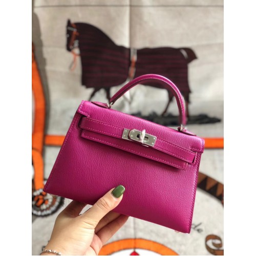 Hermes Original Mini Kelly Chevre Mysore K19CM Rose & Silber Metall