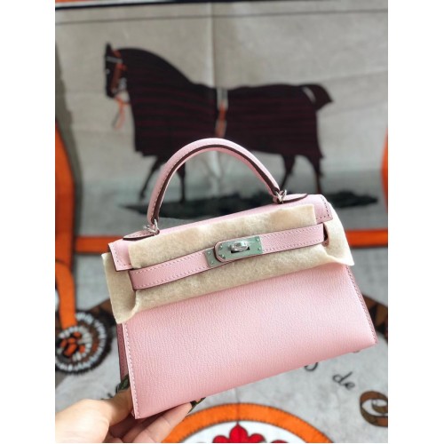 Hermes Original Mini Kelly Chevre Mysore K19CM Pink & Silber Metall